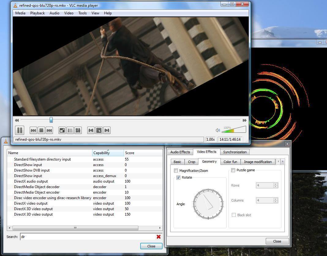VLC showing rotated video playback with video effects applied demonstrating transform capabilities